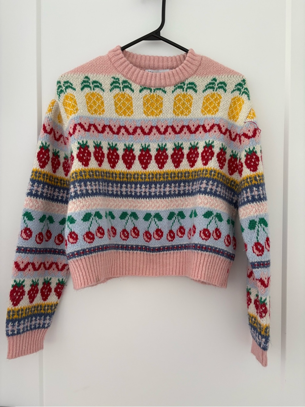 Zara Pink Crewneck Sweater with Yellow Pineapple & Red Fruit Motif